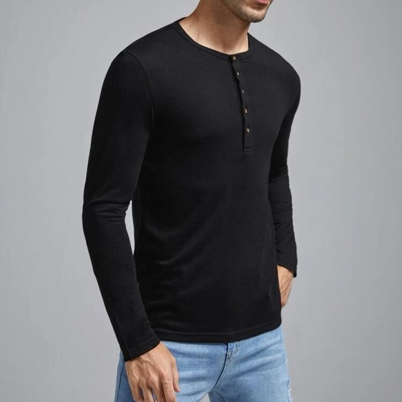 NEW! Mens Black 5 Button Henley Style Shirt - M - Picture 2 of 7